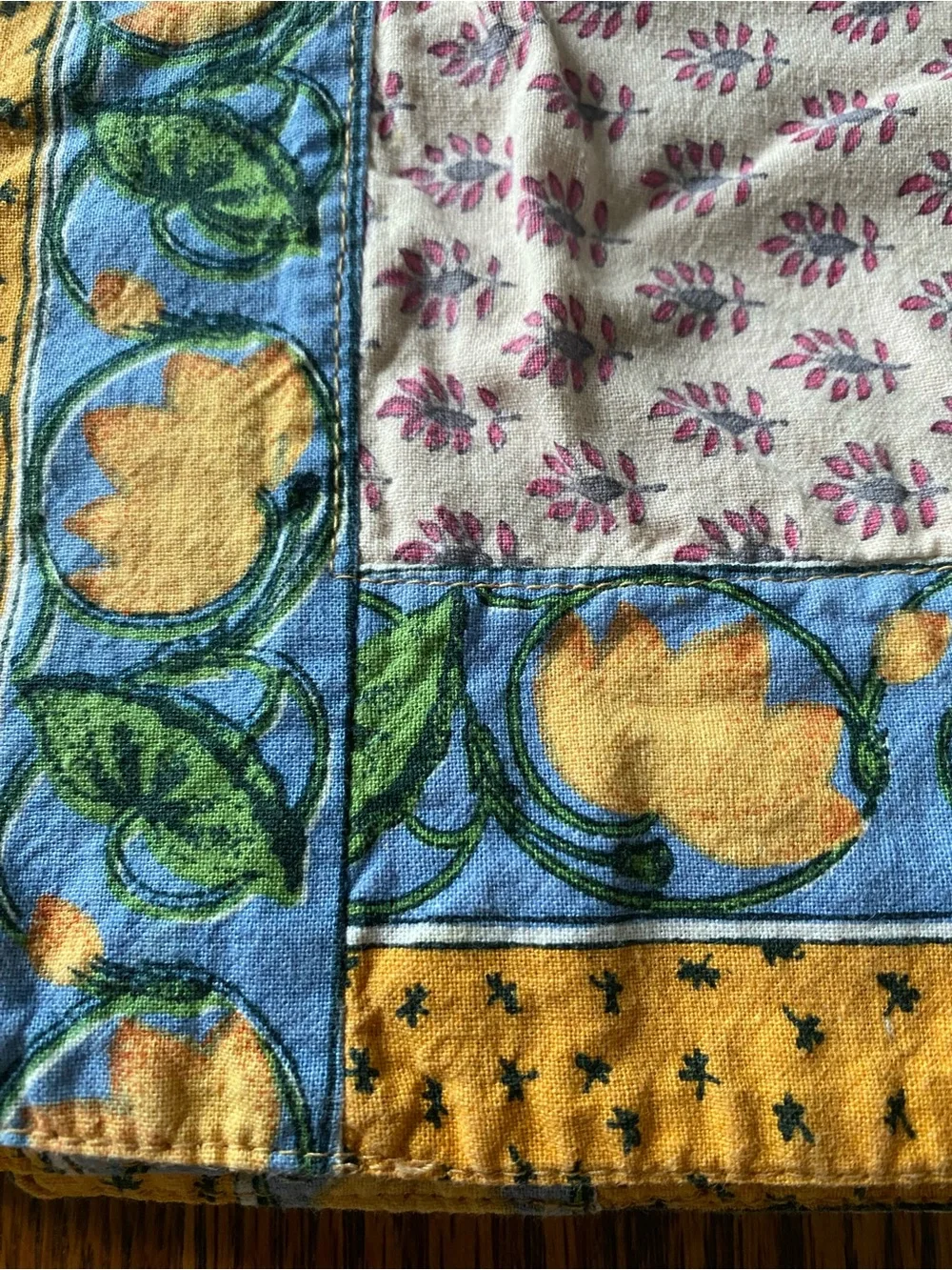 Vintage Set of 4 Cotton Placemats - Yellow Green Blue Pink Floral -Boho Folk Art
